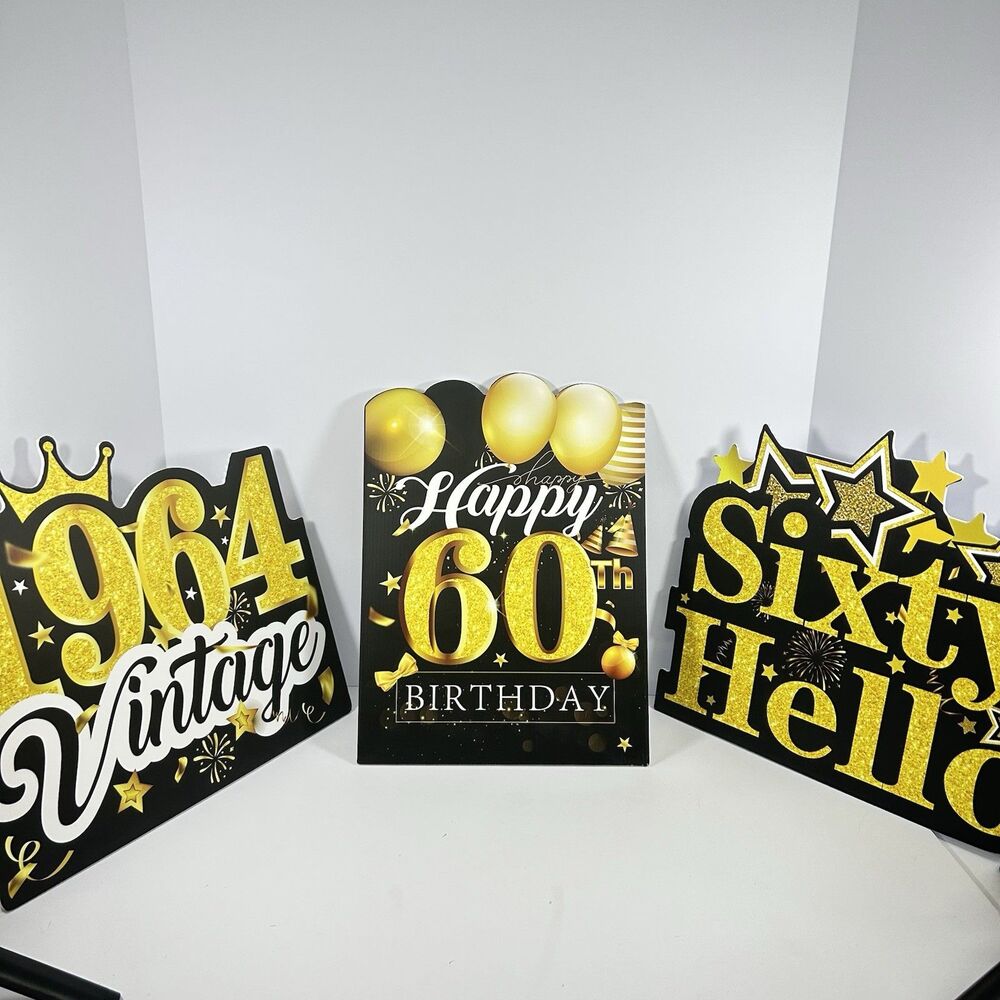 3 Packs 60th Birthday Yard Signs Black Gold 1964 Vintage Hello Sixty Lawn Decor